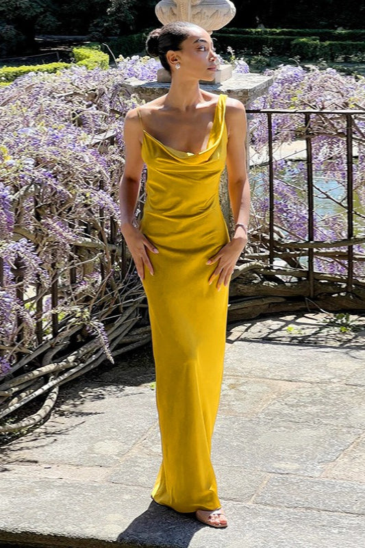Satin Cowl Neck Spaghetti Strap Slip Maxi Formal Dress