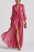 Sunset Elegance: Sheer Long Sleeve Wrap Dress in Hot Pink
