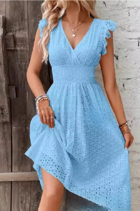 Eyelet Lace V-Neck Ruffle Cap Sleeve Smocked Waist A-Line Midi Dress