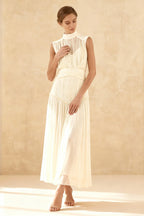 Sleeveless Mock Neck Pleated Waistband Chiffon Maxi Dress