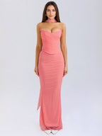 Strapless Corset And Mesh Maxi Skirt And Neck Scarf Party 3 Piece Co-ord Set For Women 2026