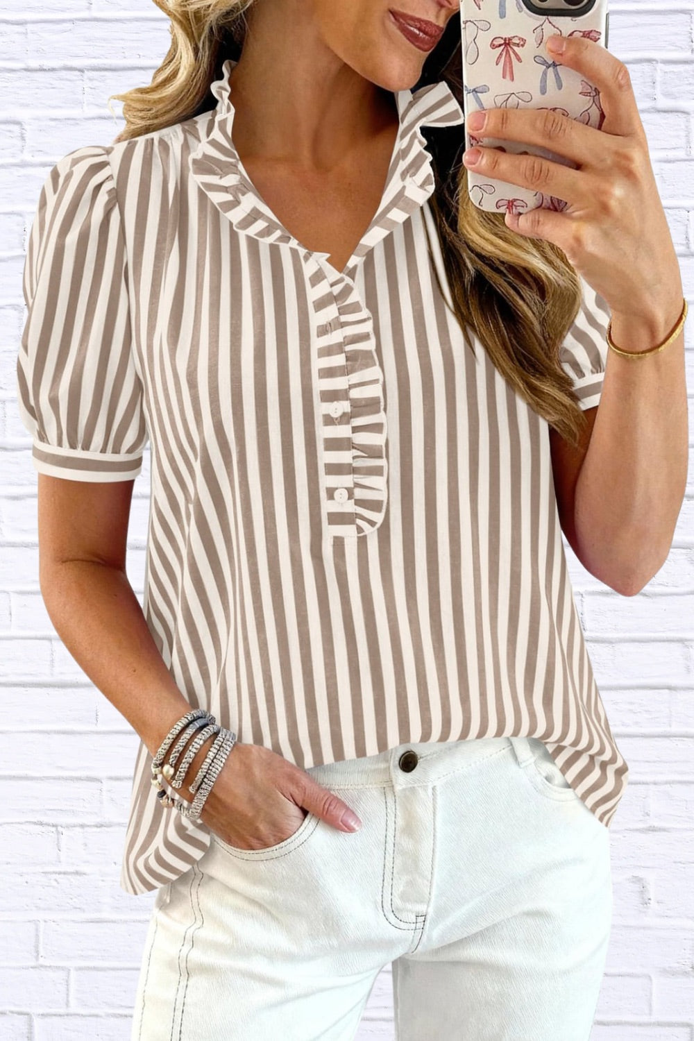 Frill Striped Puff Sleeve Blouse | Chic Women__ Top