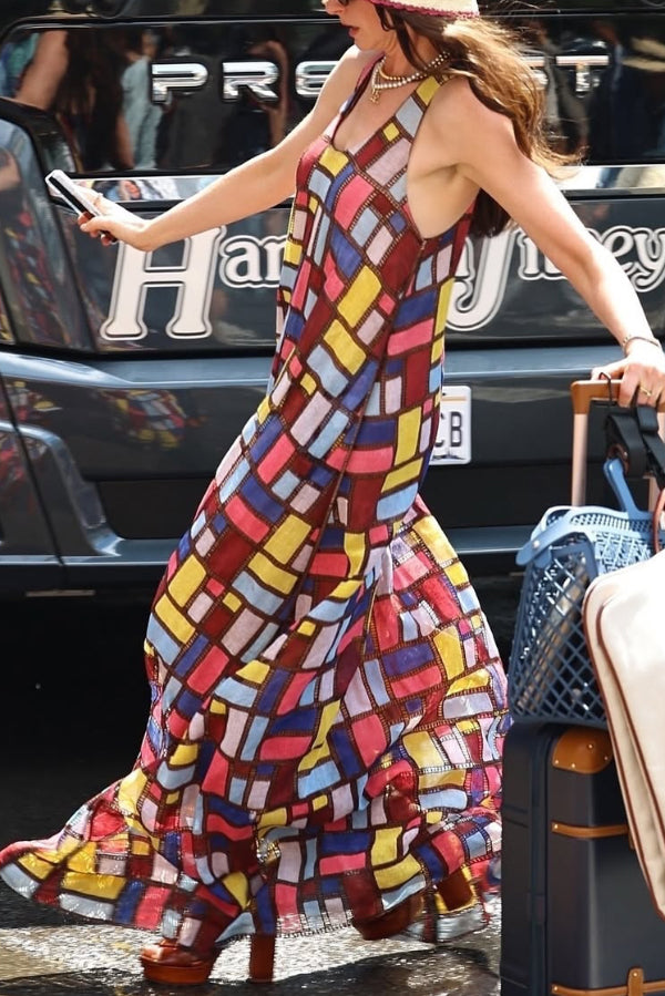 Stylish Color-blocked Plaid Print Sleeveless Round Neck Loose Maxi Dress