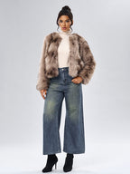Faux Fur Coats Long Sleeves Casual Faux Fur Jacket Jewel Neck White Women Coat