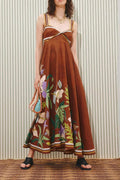 Brown Floral Linen Midi Dress