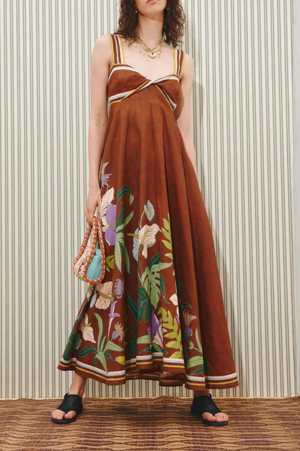 Brown Floral Linen Midi Dress