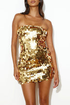 Large Disc Sequin Strapless Tube Mini Dress
