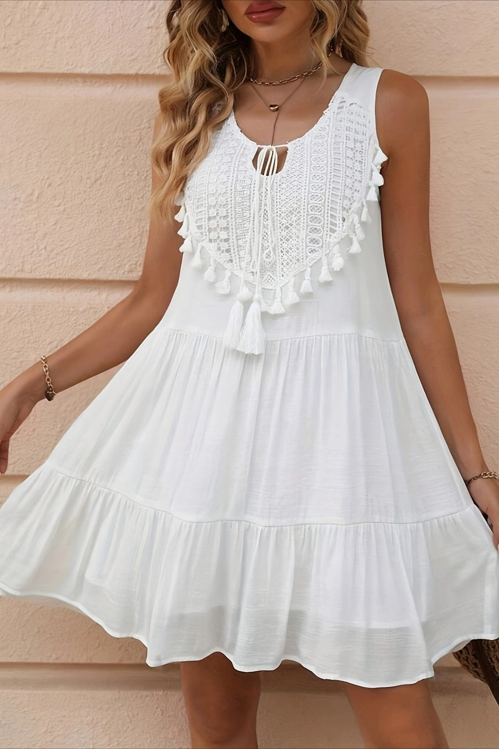 Keyhole Neck Crochet Lace Bib Tassel Tiered Mini Dress