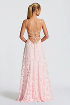 3D Floral Lace Applique Square Neck Spaghetti Strap A-Line Maxi Gown