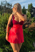 Colorblock Ruched Bust Halter Tie Shoulder Strap Satin Lettuce Hem Bodycon Mini Dress