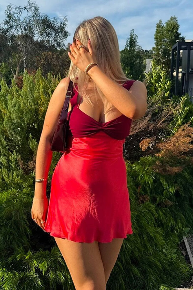 Colorblock Ruched Bust Halter Tie Shoulder Strap Satin Lettuce Hem Bodycon Mini Dress
