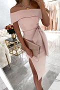 Off Shoulder Knot Waist Side Split Party Dress