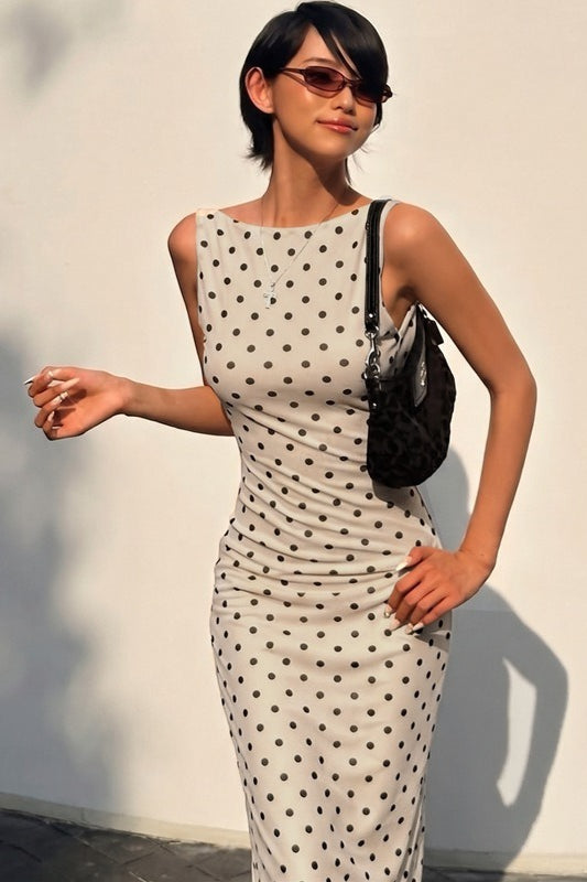 Apricot Round Neck Polka Dot Bodycon Maxi Dress
