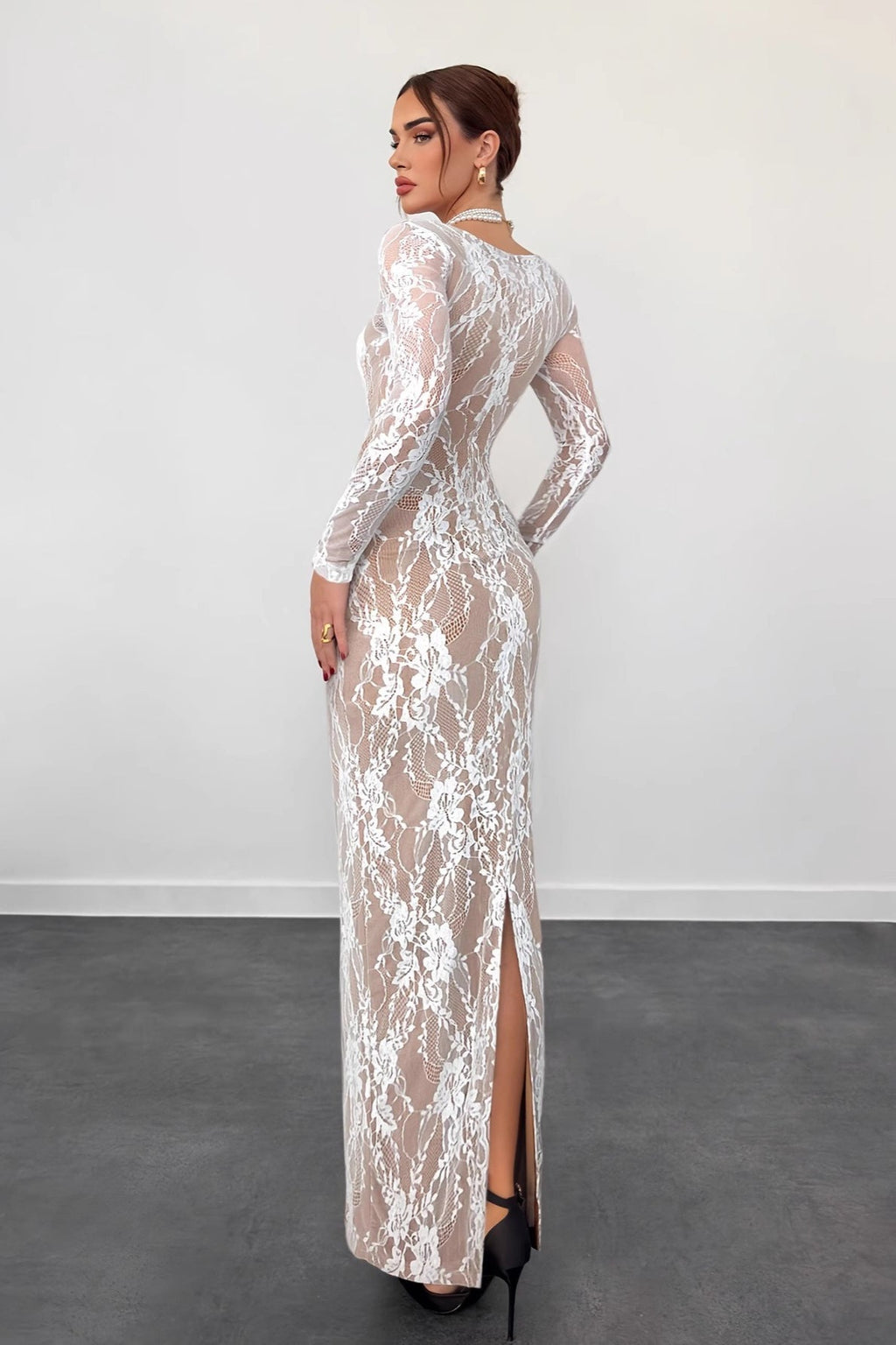 Floral Lace Square Neck Corset Boning Long Sleeve Maxi Dress