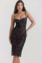 Floral Lace Spaghetti Strap Low Back Bodycon Midi Dress