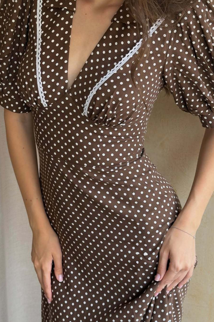 Polka Dot V-Neck Lace Trim Puff Sleeve Midi Dress
