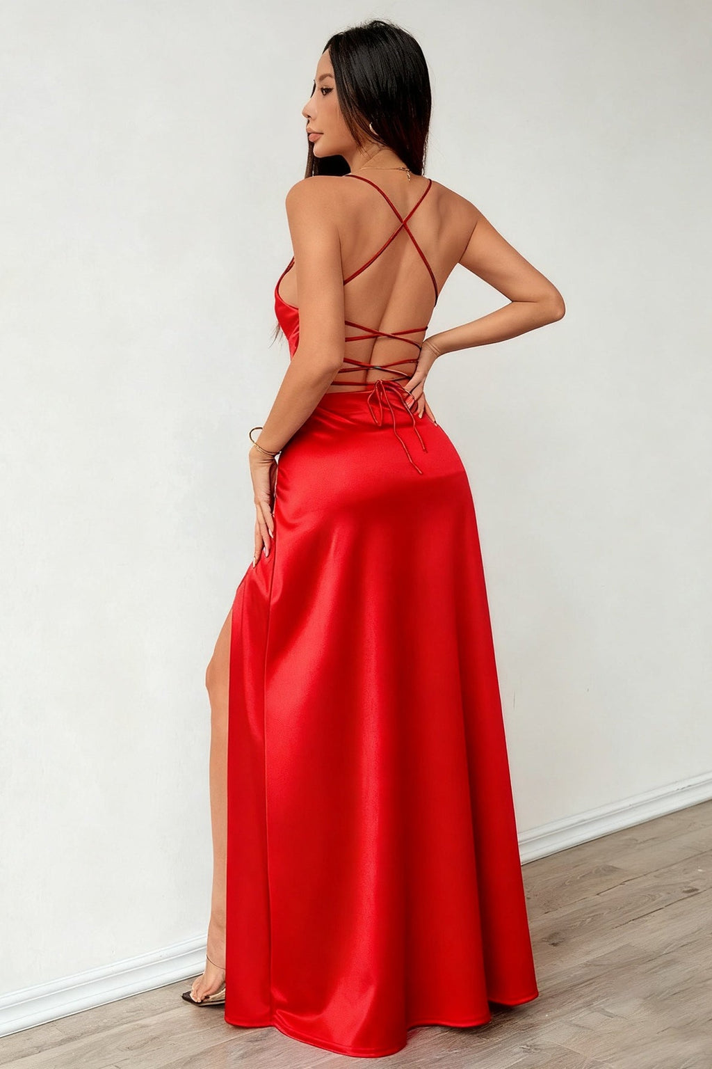 Satin Wrap V-Neck Spaghetti Strap High Split Maxi Dress