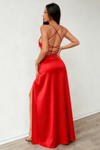 Satin Wrap V-Neck Spaghetti Strap High Split Maxi Dress