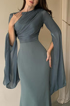 Satin Ruched High Neck Bell Sleeve Slit Mermaid Maxi Gown