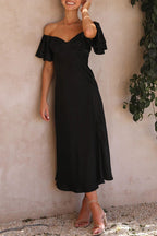 Satin Off Shoulder Flutter Sleeve Sweetheart Ruched Side Slit Midi Dress