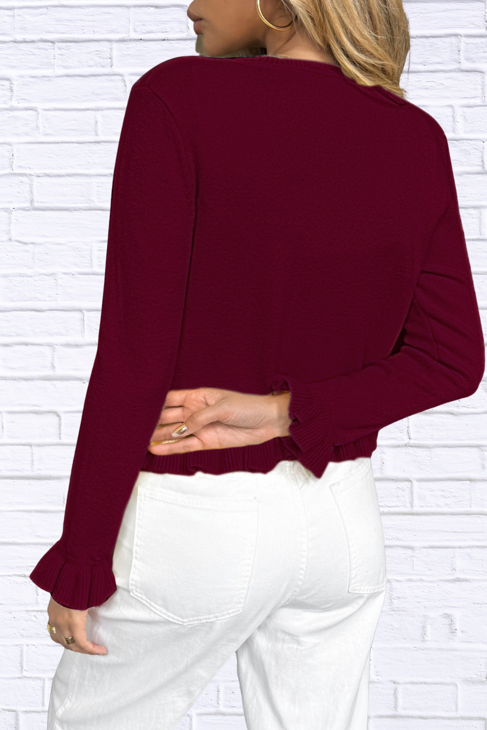 Ruffled Trim Button-Up Knit Cardigan