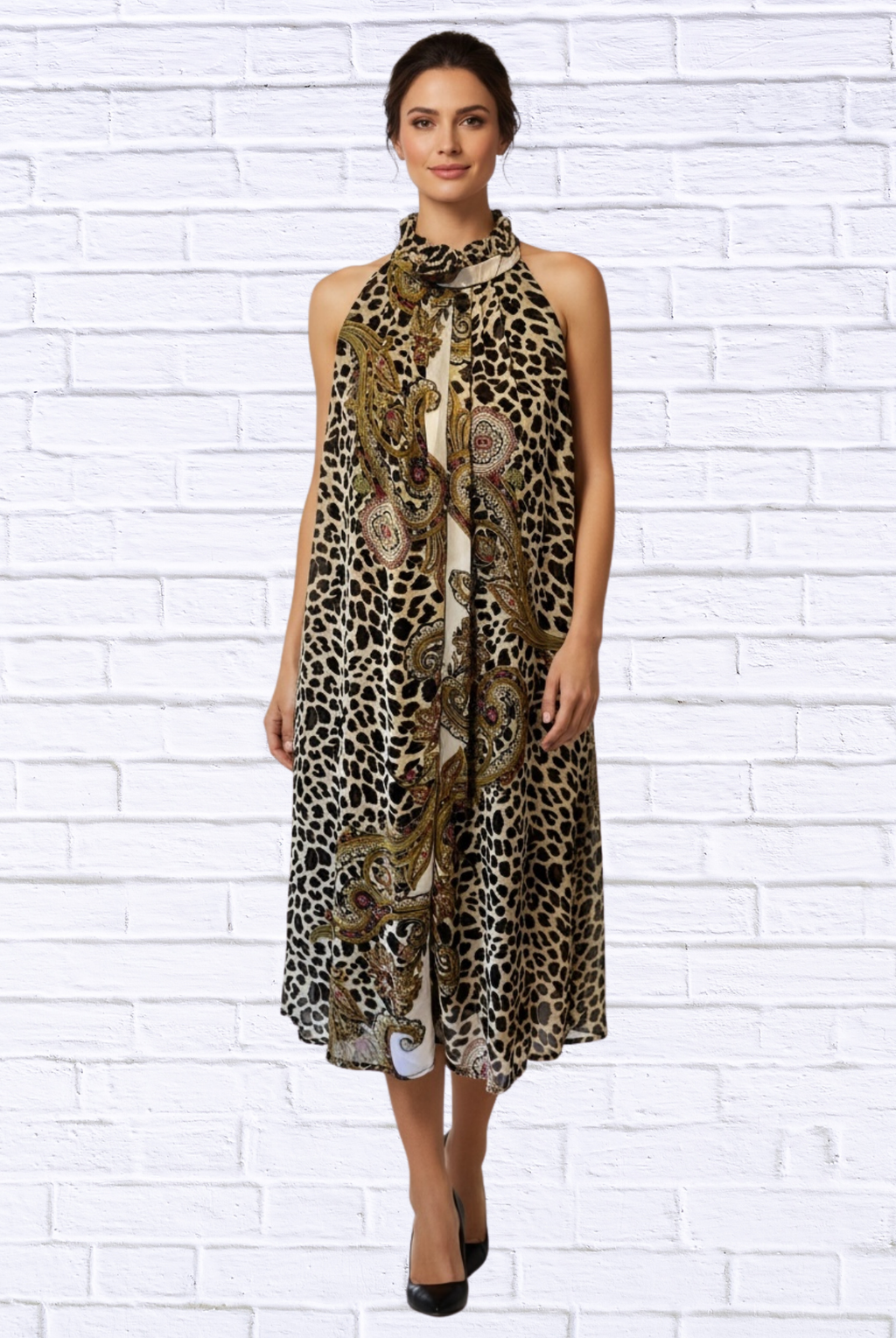 Animal and Paisley Print Sleeveless Maxi Dress _ High Neck Bow Detail Flowy Woven Dress