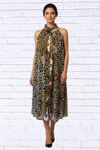 Animal and Paisley Print Sleeveless Maxi Dress _ High Neck Bow Detail Flowy Woven Dress