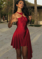 Satin Twisted Halter Neck Draped Panel Bodycon Mini Dress