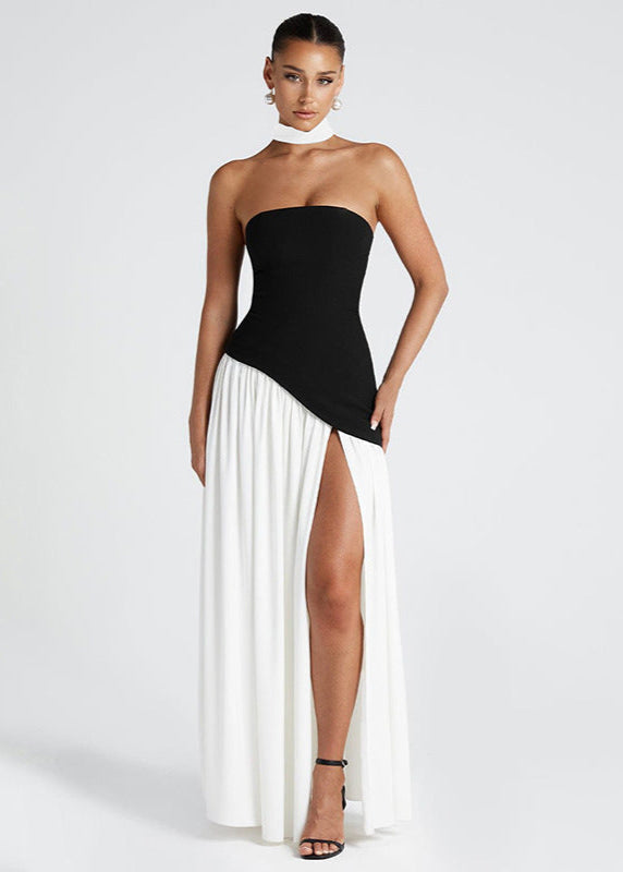 Strapless Asymmetrical Bodice Choker Sash High Slit Maxi Gown