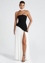 Strapless Asymmetrical Bodice Choker Sash High Slit Maxi Gown