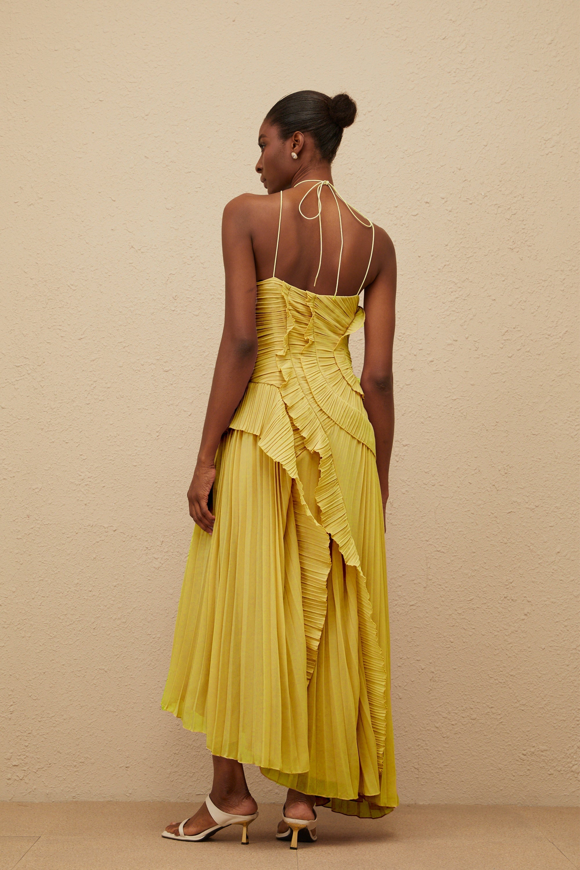 Doux Yellow Ruffled Trim Pleated Midi Dress