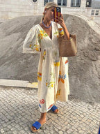 Tropical Graphic Print Puff Sleeve Button Front Empire Maxi Dress