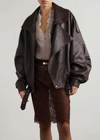 | Women's Belted Oversized Leather Bomber Jacket