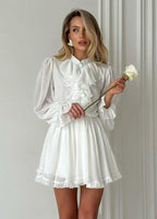 Ruffle High Neck Button Front Lantern Sleeve Fit and Flare Mini Dress
