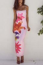 Spaghetti Strap Square Neck Oversized Floral Print Bodycon Maxi Dress