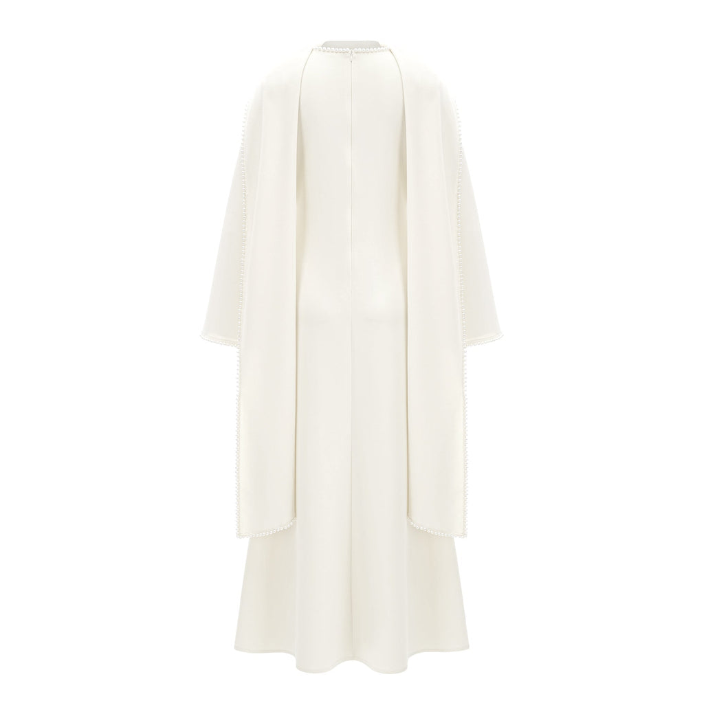 Piroska White Pearl Trim Shawl Detail Maxi Dress