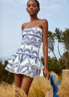 Geometric Print Smocked Strapless Tiered Pom Trim Mini Dress