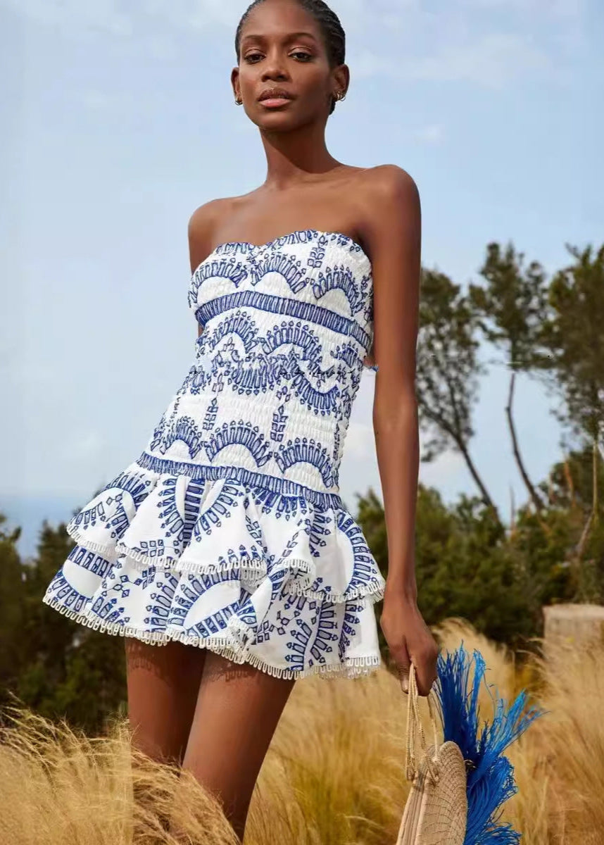 Geometric Print Smocked Strapless Tiered Pom Trim Mini Dress