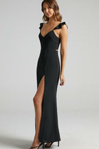 Deep V-Neck Ruffle Strap Thigh Slit Floor Length Maxi Dress