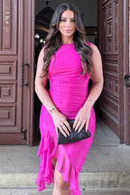 Crew Neck Ruched Mesh Bodycon High Slit Tiered Ruffle Hem Midi Dress