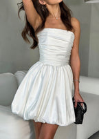 Satin Strapless Ruched Bubble Hem Fit and Flare Mini Dress