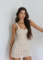 Crochet Pearl Trim Scoop Neck Wide Strap Bodycon Mini Dress