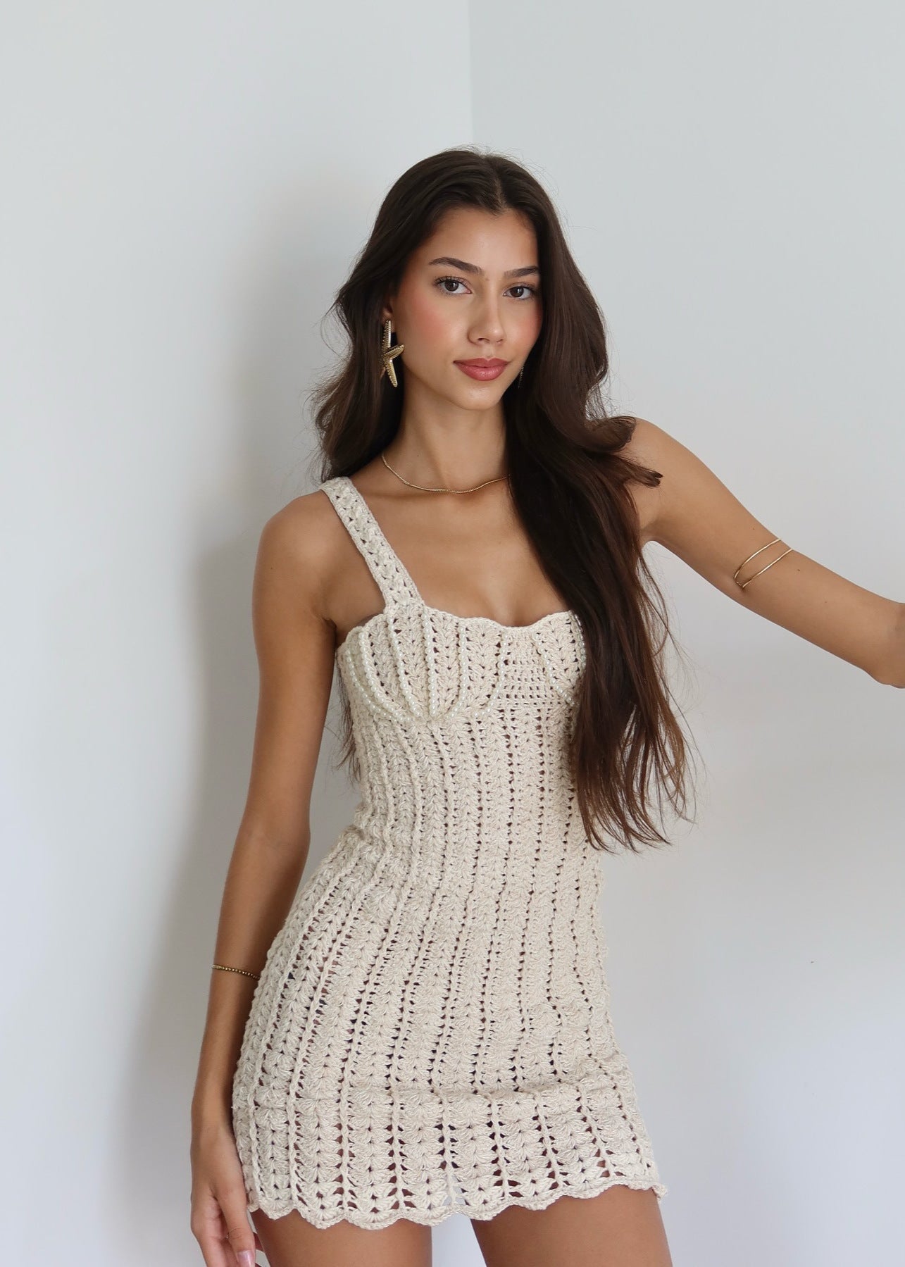 Crochet Pearl Trim Scoop Neck Wide Strap Bodycon Mini Dress
