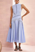 Mock Neck Scalloped Lace Insert Paneled Flared Midi Dress