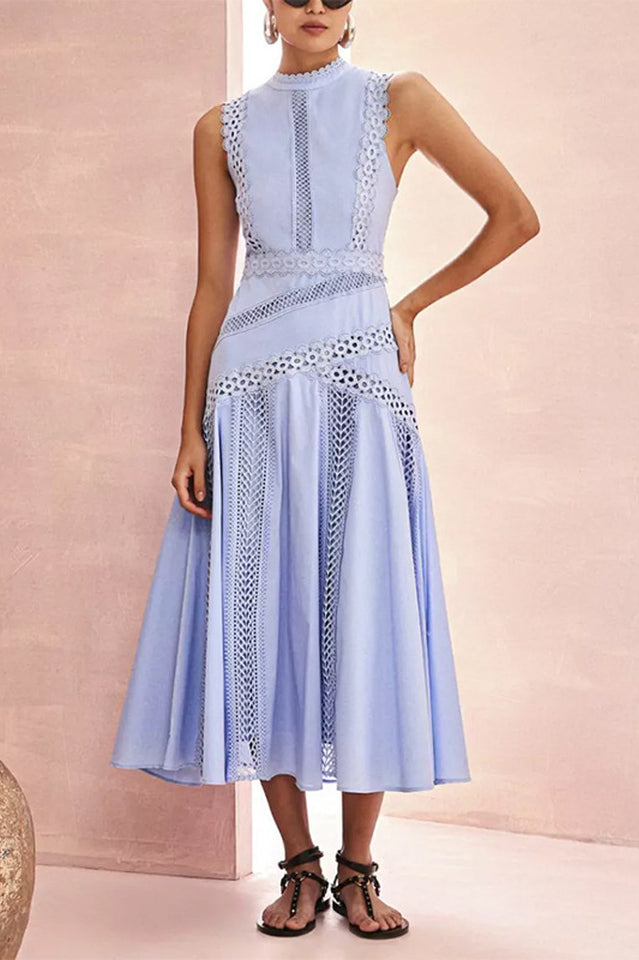 Mock Neck Scalloped Lace Insert Paneled Flared Midi Dress