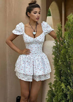 Ditsy Floral Print Puff Sleeve Sweetheart Corset Bodice Tiered Ruffle Mini Dress
