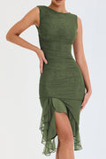 Crew Neck Ruched Mesh Bodycon High Slit Tiered Ruffle Hem Midi Dress