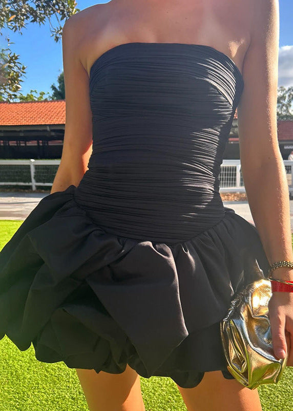 Strapless Ruched Bodice Bubble Hem Fit and Flare Mini Dress