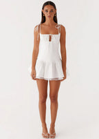 Corset Sweetheart Keyhole Tie Shoulder Tiered Ruffle Mini Dress