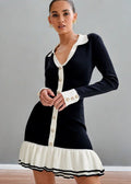 Polo Collar Contrast Trim Button Front Ruffle Hem Knit Mini Dress